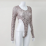 Áo bodysuit dài tay lưới khoét hông cao họa tiết beo - Nâu 