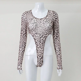  Áo bodysuit dài tay lưới khoét hông cao họa tiết beo - Nâu 