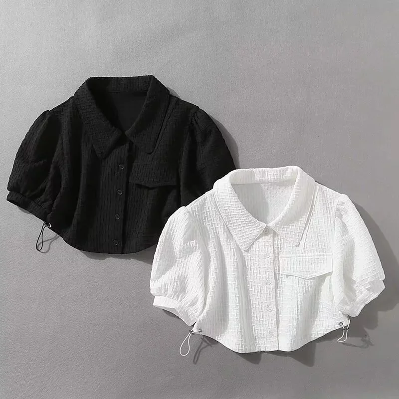 Áo Sơ Mi Croptop Ngắn Tay Phồng Dây Rút - Trắng – Sand Outfit