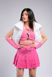  Outfit Phối Sẵn - (Váy Hồng Áo Quây Da Hồng phối HAP0001 Áo Gile Phao Croptop Không Tay - Trắng) 