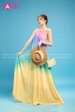  VBM1201 Váy Maxi Loang Màu Cổ Yếm Xếp Ly Dáng Xoè 