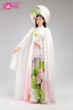  TAE0005 Áo Dài Thiết Kế Tay Voan Tà Dài Trắng Hoạ Tiết Sen ( KÈM MẤN ) 