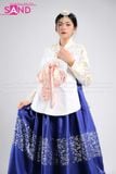  TNH0108 Hanbok Áo Trắng Váy Xanh Gấm In Nhũ 