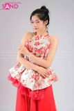  TYD0414 Set Yếm Thiết Kế Gấm Đỏ Thêu Hoa Cổ Yếm Dáng Xoè 