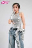  Outfit Phối Sẵn - ( HQB0819 Quần Jean Túi Hộp Ống Rộng Mẫu 19 phối HAM0202 Áo Croptop Kim Sa Ánh Kim Bạc Không Tay Tua Tua) 