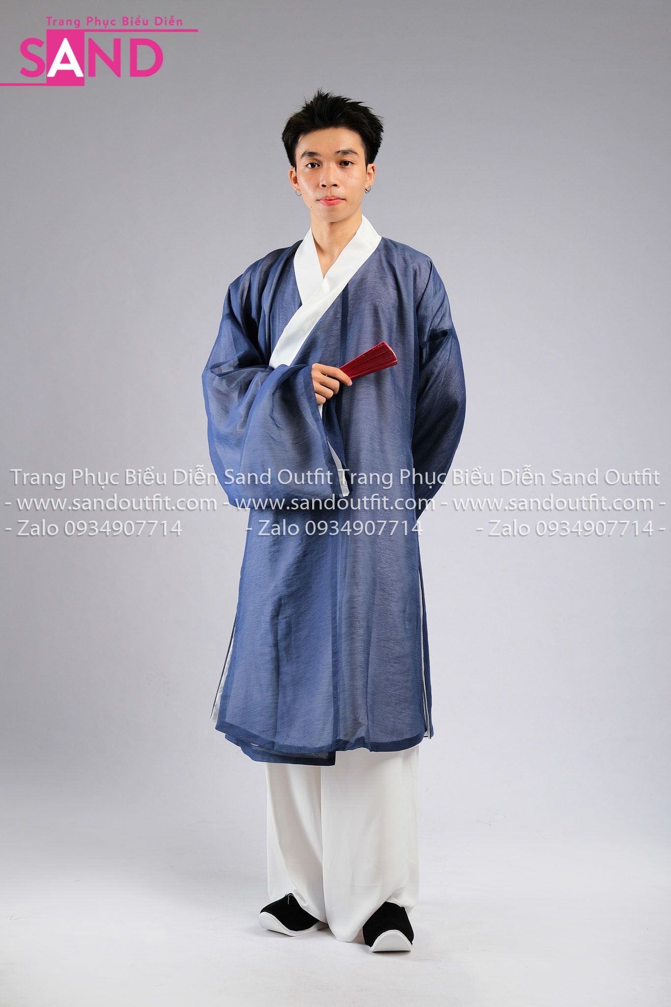 TCL1401 Áo Giao Lĩnh Vải Tơ Xanh Than Lót Trắng Viền Cổ Trắng