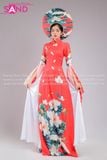  TAE0409 Áo Dài Thiết Kế Tay Voan Hoạ Tiết Sen Táp Đỏ - Màu Đỏ ( KÈM MẤN ) 