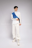  Outfit Phối Sẵn - (HQN0002 Quần Dài Trắng Nắp Túi Hộp Ngang Phối Dây phối Đai Kim Sa Xanh Dương) 