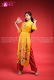  TAC0312 Áo Dài Tơ 4 Tà - Vàng Đậm In Hoạ Lọ Hoa Đỏ 