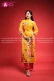  TAC0312 Áo Dài Tơ 4 Tà - Vàng Đậm In Hoạ Lọ Hoa Đỏ 