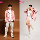  Outfit Phối Sẵn - (HAK0502 Áo Khoác Cổ Sơ Mi Vải Bóng Túi Hộp - Hồng phối Quần Short Trắng ) 
