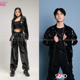  HAD0103 ​ Áo Khoác Bomber Cổ Sơ Mi Da Bóng 