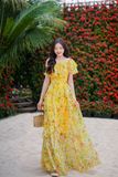  VBM0705 Váy Maxi Loang Hoa Vàng Trễ Vai 