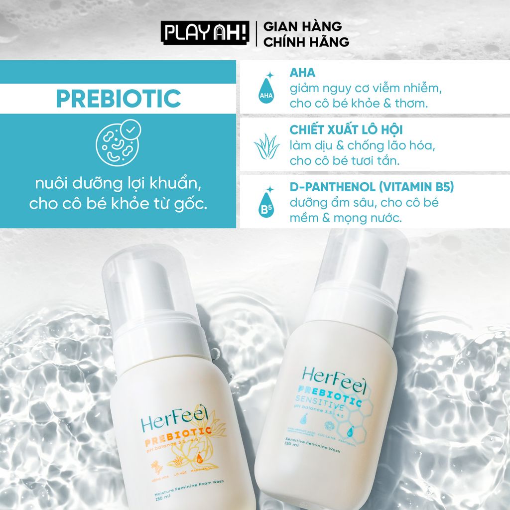 Bọt Dung Dịch Vệ Sinh Nữ PlayAh! Her Feel Prebiotic - Dòng Sensitive Dưỡng Ẩm Chuyên Sâu / Rose Sạch Thơm Toàn Diện 150ml