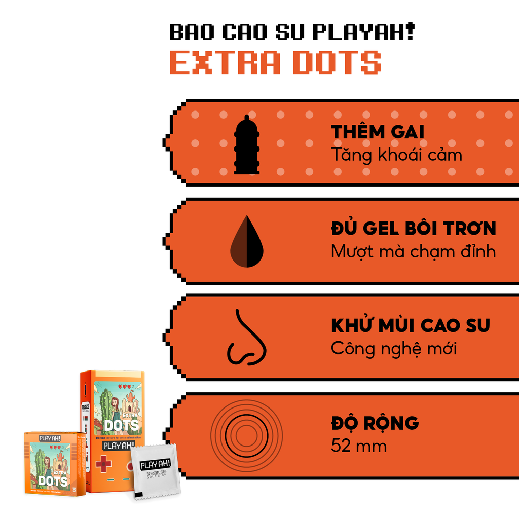 Bao Cao Su PlayAh Extra Dots Thêm Gai Hộp 3 size 52mm nhiều gai