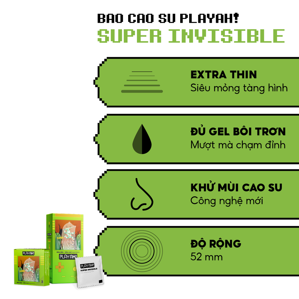 Bao cao su PlayAh Siêu Mỏng Super Invisible - Hộp 3 Cái