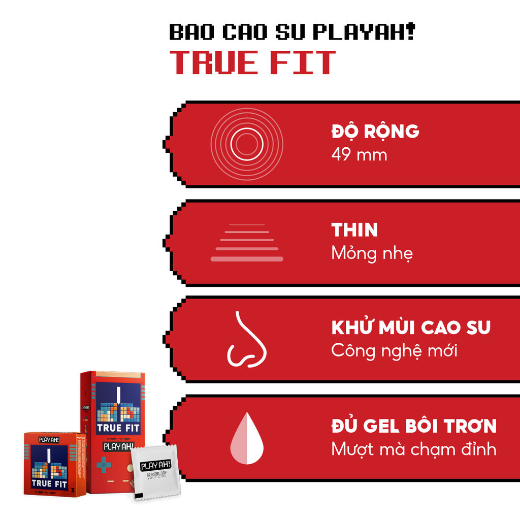 Bao Cao Su PlayAh True Fit Ôm Sát Hộp 3 size 49mm size nhỏ vừa vặn