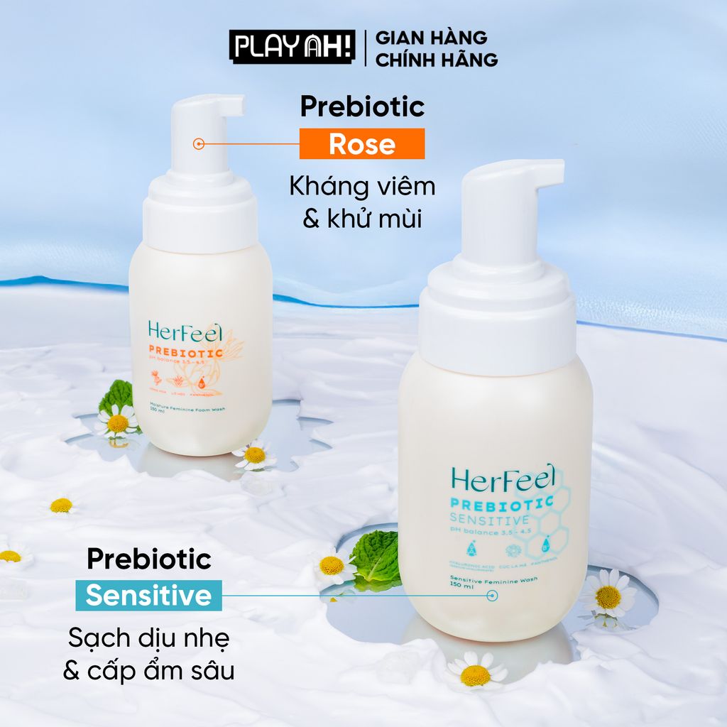 Bọt Dung Dịch Vệ Sinh Nữ PlayAh! Her Feel Prebiotic - Dòng Sensitive Dưỡng Ẩm Chuyên Sâu / Rose Sạch Thơm Toàn Diện 150ml