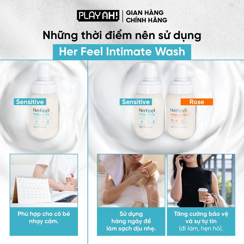 Bọt Dung Dịch Vệ Sinh Nữ PlayAh! Her Feel Prebiotic - Dòng Sensitive Dưỡng Ẩm Chuyên Sâu / Rose Sạch Thơm Toàn Diện 150ml