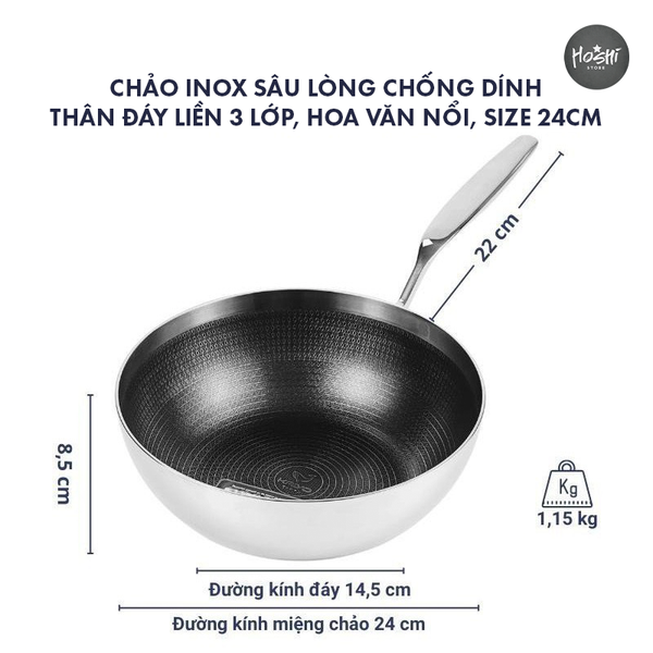CHẢO INOX SÂU LÒNG CHỐNG DÍNH, HOA VĂN NỔI - SIZE 24CM