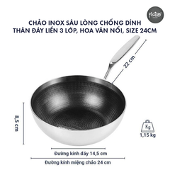 CHẢO INOX SÂU LÒNG CHỐNG DÍNH, HOA VĂN NỔI - SIZE 24CM