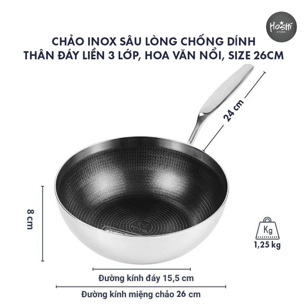 CHẢO INOX SÂU LÒNG CHỐNG DÍNH, HOA VĂN NỔI - SIZE 26CM