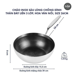 CHẢO INOX SÂU LÒNG CHỐNG DÍNH, HOA VĂN NỔI - SIZE 26CM