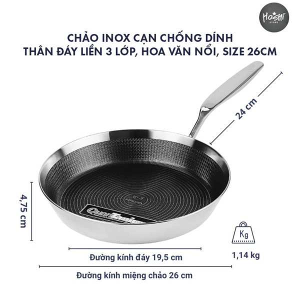CHẢO INOX CẠN CHỐNG DÍNH, HOA VĂN NỔI - SIZE 26CM
