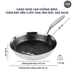 CHẢO INOX CẠN CHỐNG DÍNH, HOA VĂN NỔI - SIZE 26CM