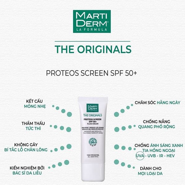 Kem Chống Nắng Phổ Rộng Toàn Diện Ngừa Lão Hóa MartiDerm The Originals Proteos Screen SPF50+ Fluid Cream 40ml