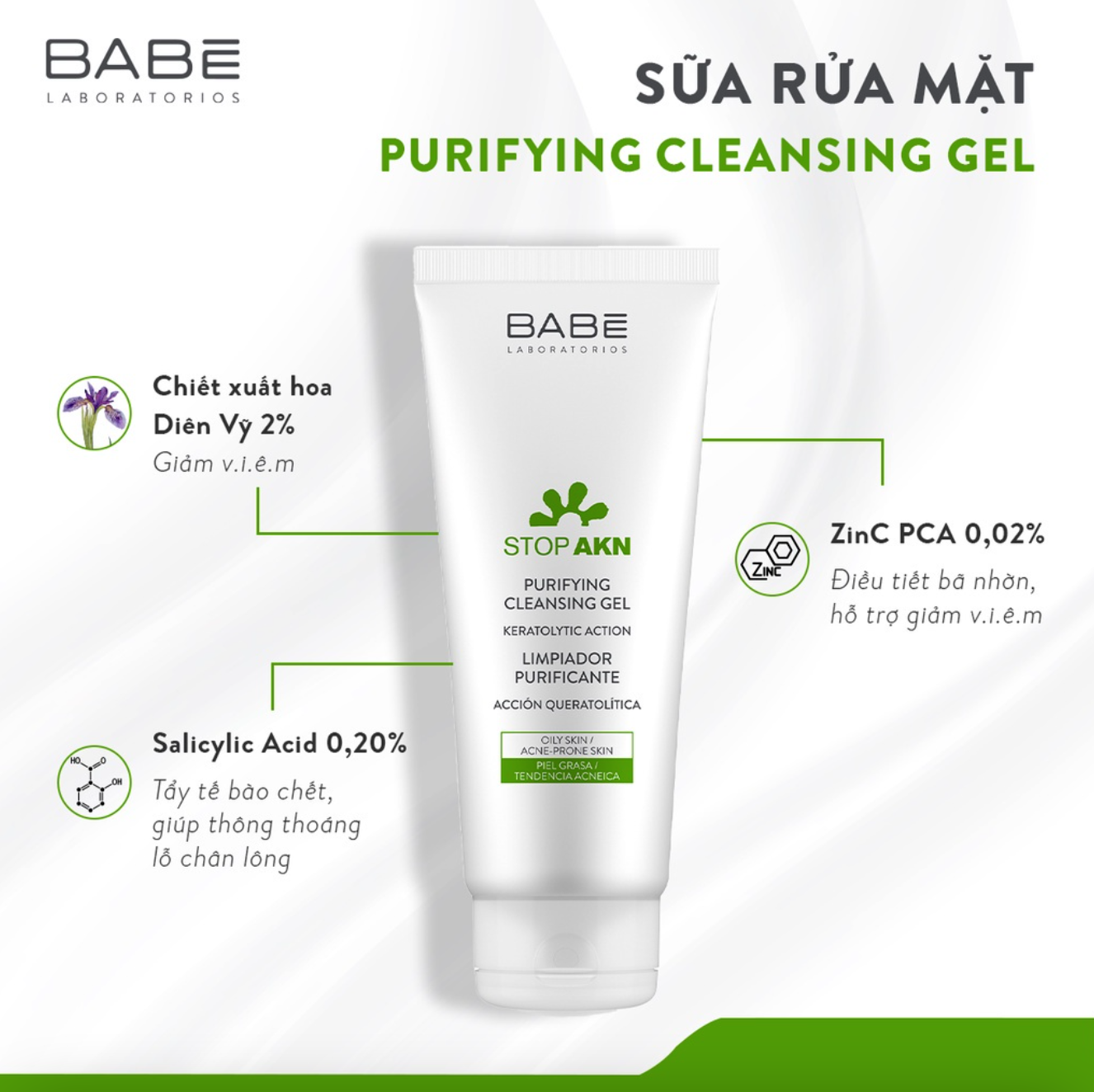 Sữa rửa mặt BABE Stop AKN Purifying Cleansing Gel cho da dầu mụn 200ml ...
