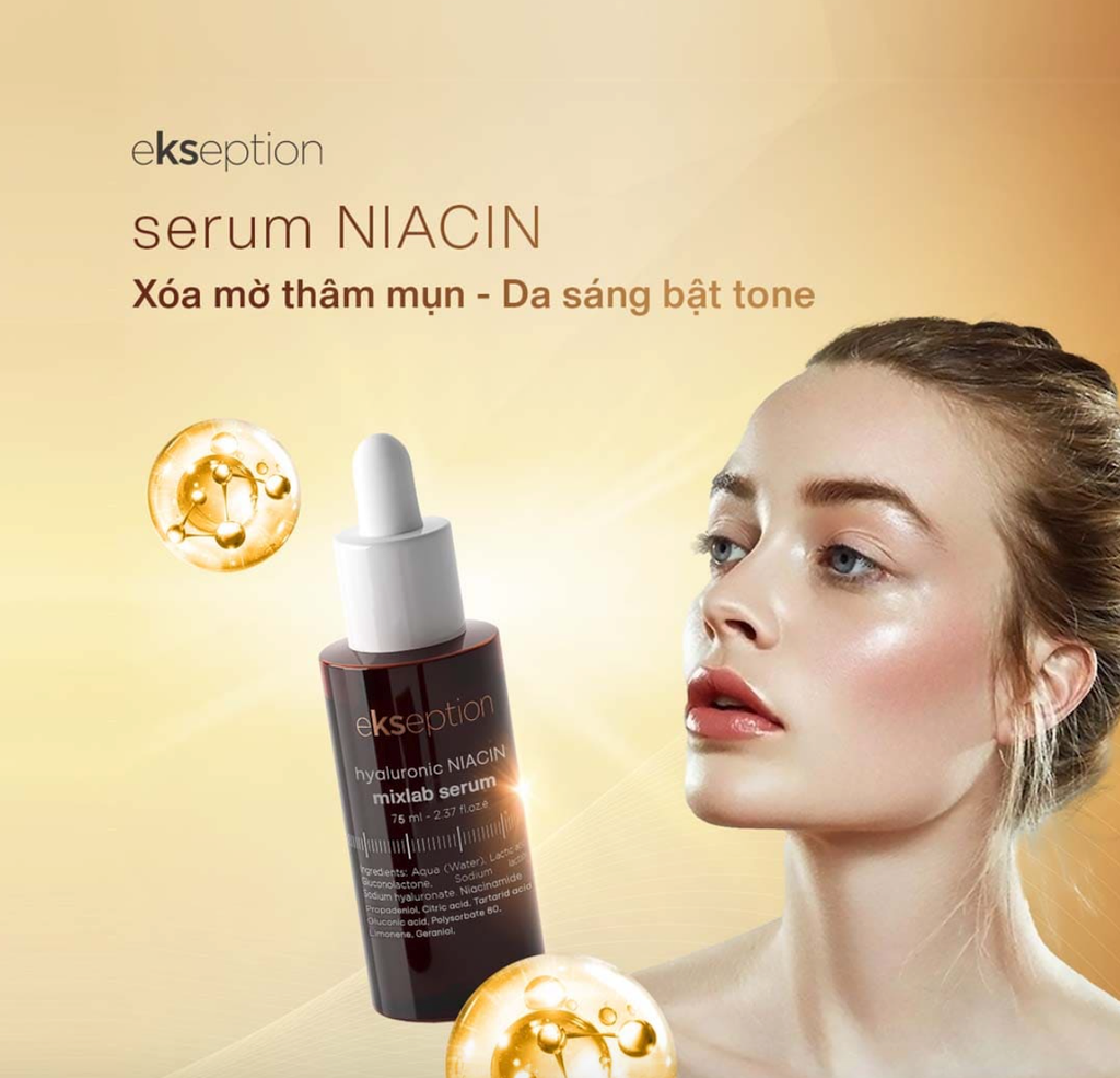 Ekseption Hyaluronic Niacin- Chai Serum si&ecirc;u l&agrave;nh t&iacute;nh, l&agrave; cứu tinh cho l&agrave;n da mụn, th&acirc;m mụn. Với th&agrave;nh phần ch&iacute;nh l&agrave; Niacinamide gi&uacute;p kh&aacute;ng vi&ecirc;m, giảm sưng đỏ, giảm th&acirc;m do mụn. Ngo&agrave;i ra, đ&acirc;y c&ograve;n l&agrave; lọ serum rất đa năng, vừa gi&uacute;p cải thiện sắc tố, kiềm dầu, thu nhỏ lỗ ch&acirc;n, lại c&ograve;n gi&uacute;p giữ ẩm, l&agrave;m mềm mịn da nhờ th&agrave;nh phần Hyaluronic XS&nbsp;c&oacute; trong sản phẩm.&nbsp;