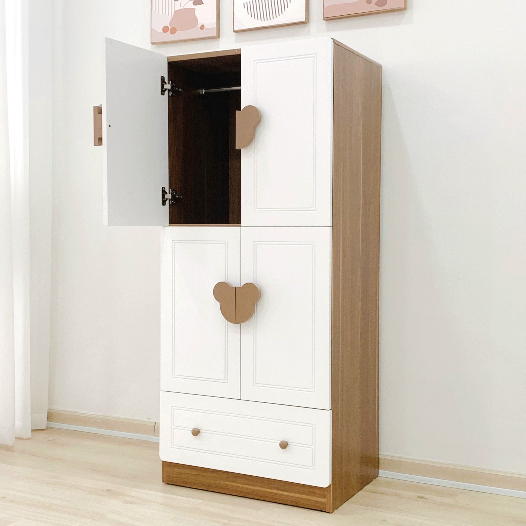  Bộ Tủ Gỗ Trắng Gấu Nâu Treo Đồ 2 Tầng ( MDF Lõi Xanh ) 