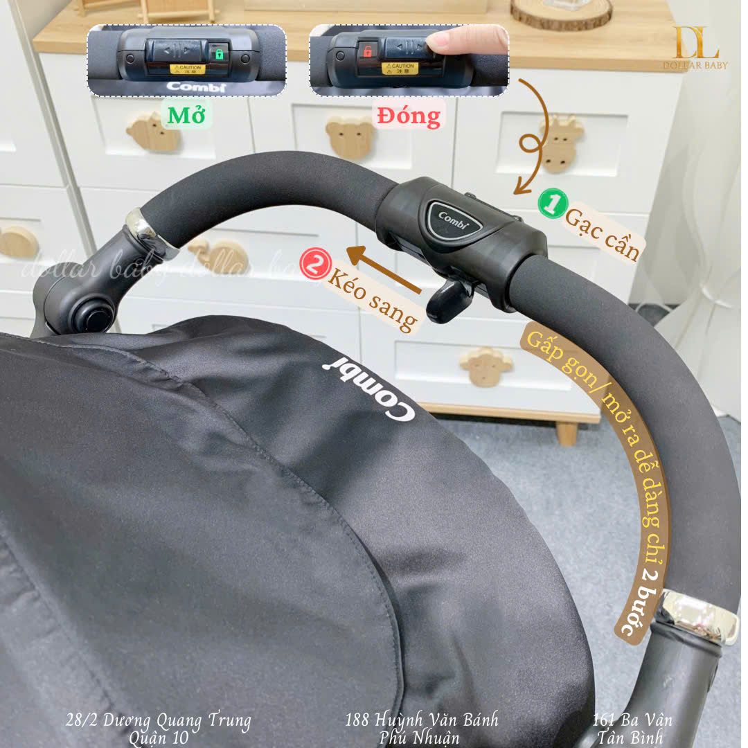  Xe đẩy Combi CrossGo 4 bánh quay tự động Đen Cam 