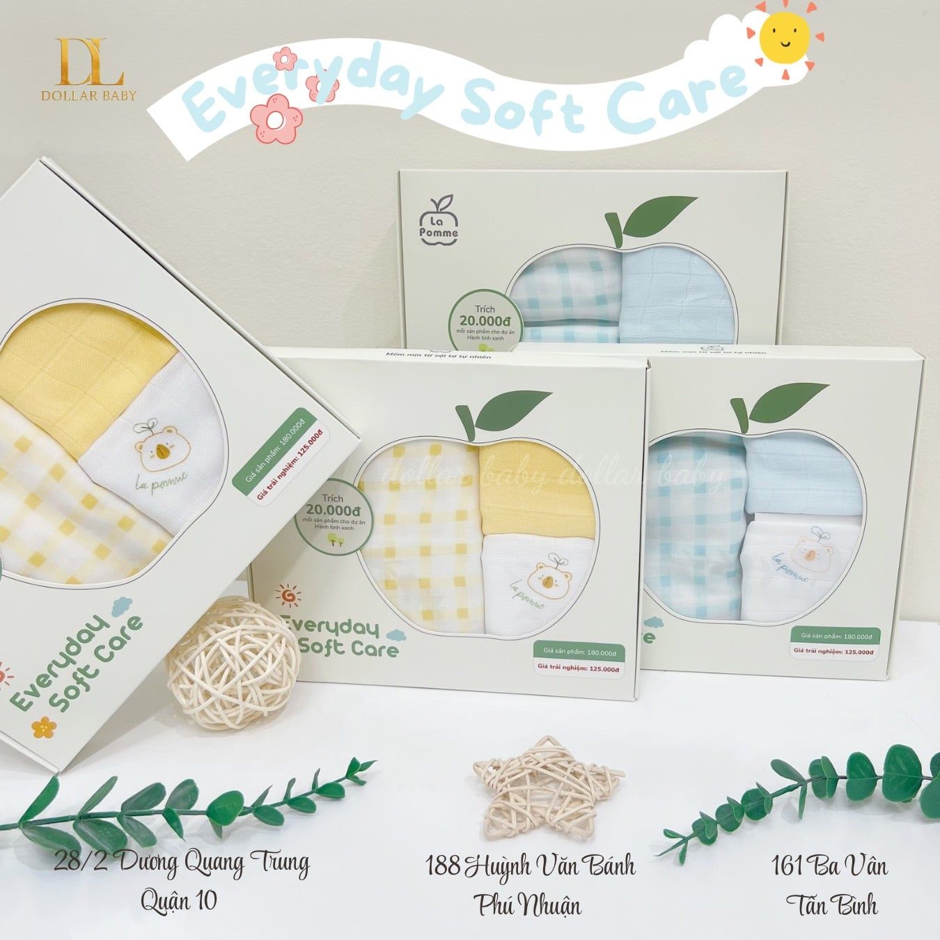  Set 3 Khăn Sợi Tre Lụa La Pomme Everyday Soft Care ( 1 Khăn Tắm + 2 Khăn Sữa ) 