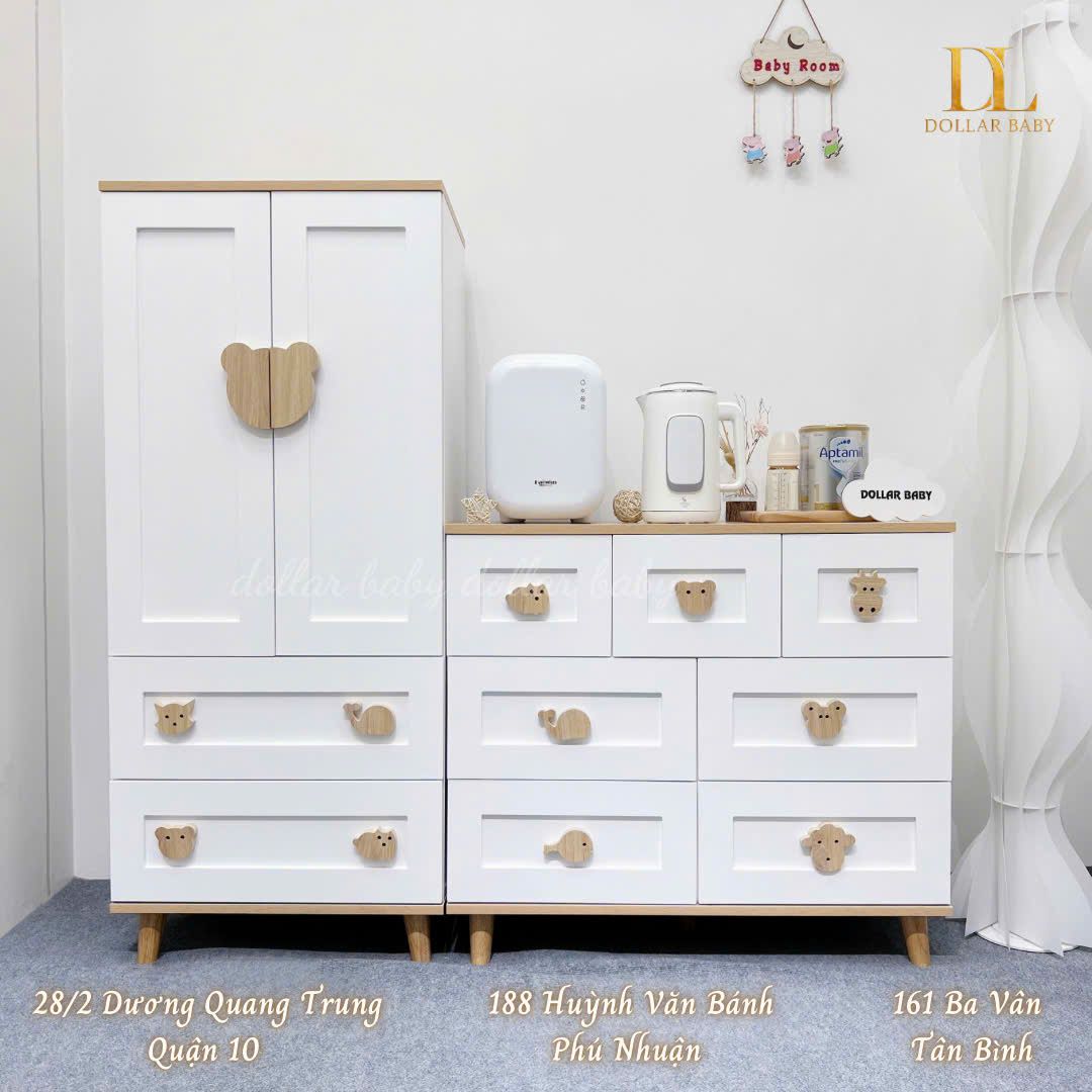  Bộ Tủ Gỗ Trắng Gấu Nâu / Vân  Gỗ  - Tay Cầm Hình Thú 