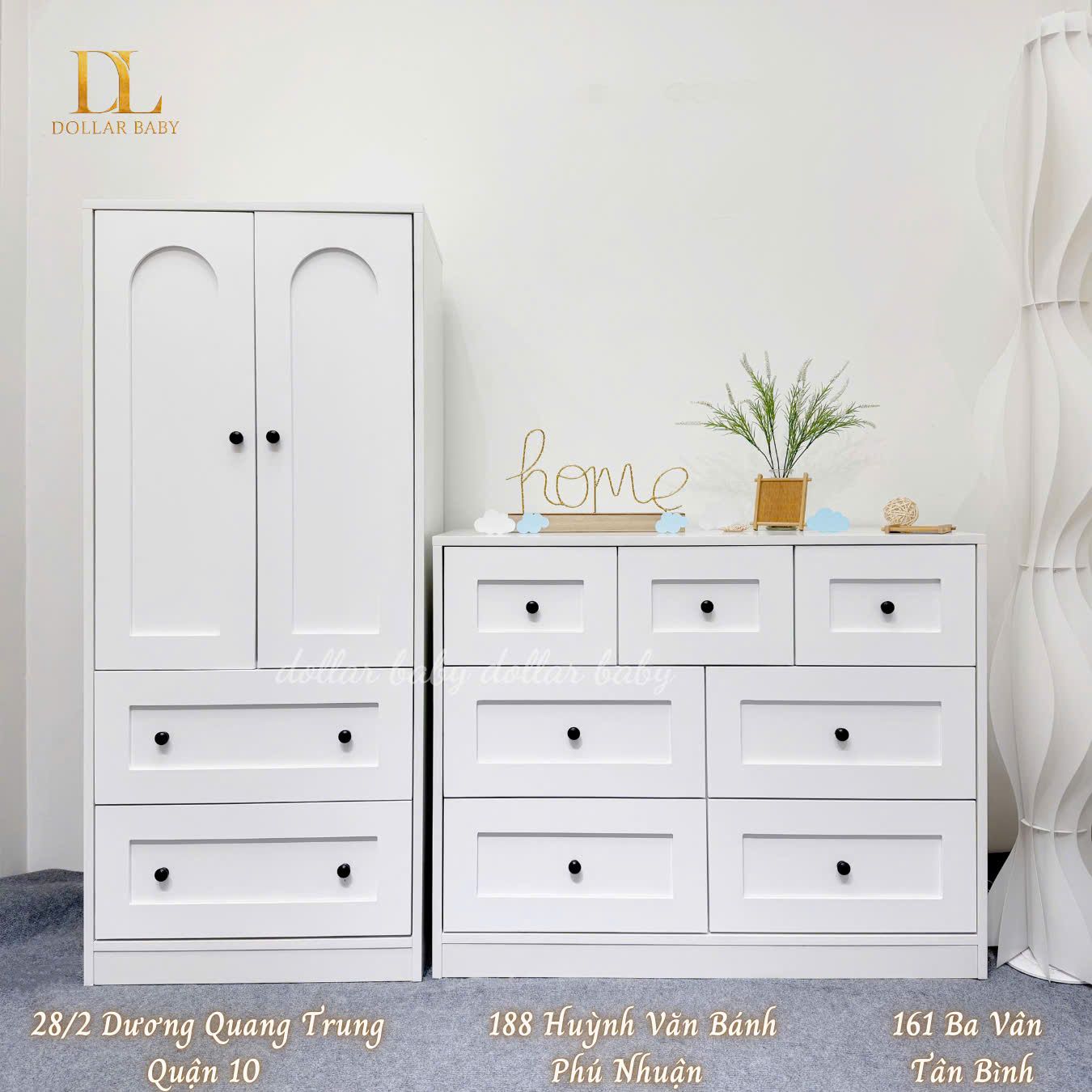  Bộ Tủ Gỗ Trắng Núm Tròn Đen Không Chân ( Tủ đứng 2 hộc ) 