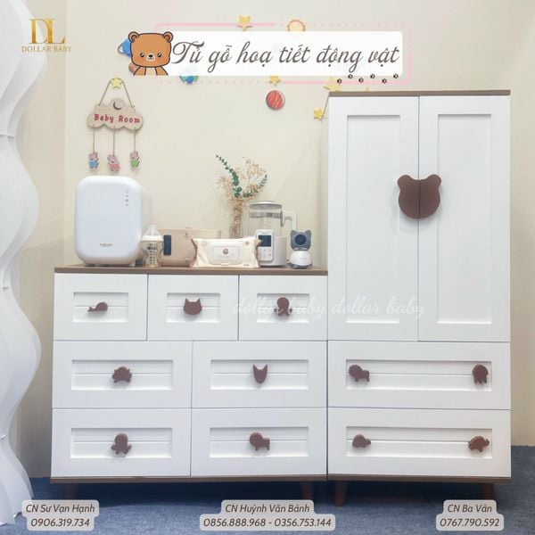  Bộ Tủ Gỗ Trắng Gấu Nâu / Vân  Gỗ  - Tay Cầm Hình Thú 