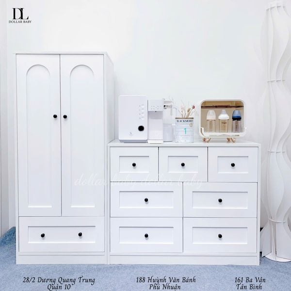  Bộ Tủ Gỗ Trắng Núm Tròn Đen Không Chân ( Tủ đứng 1 hộc ) 