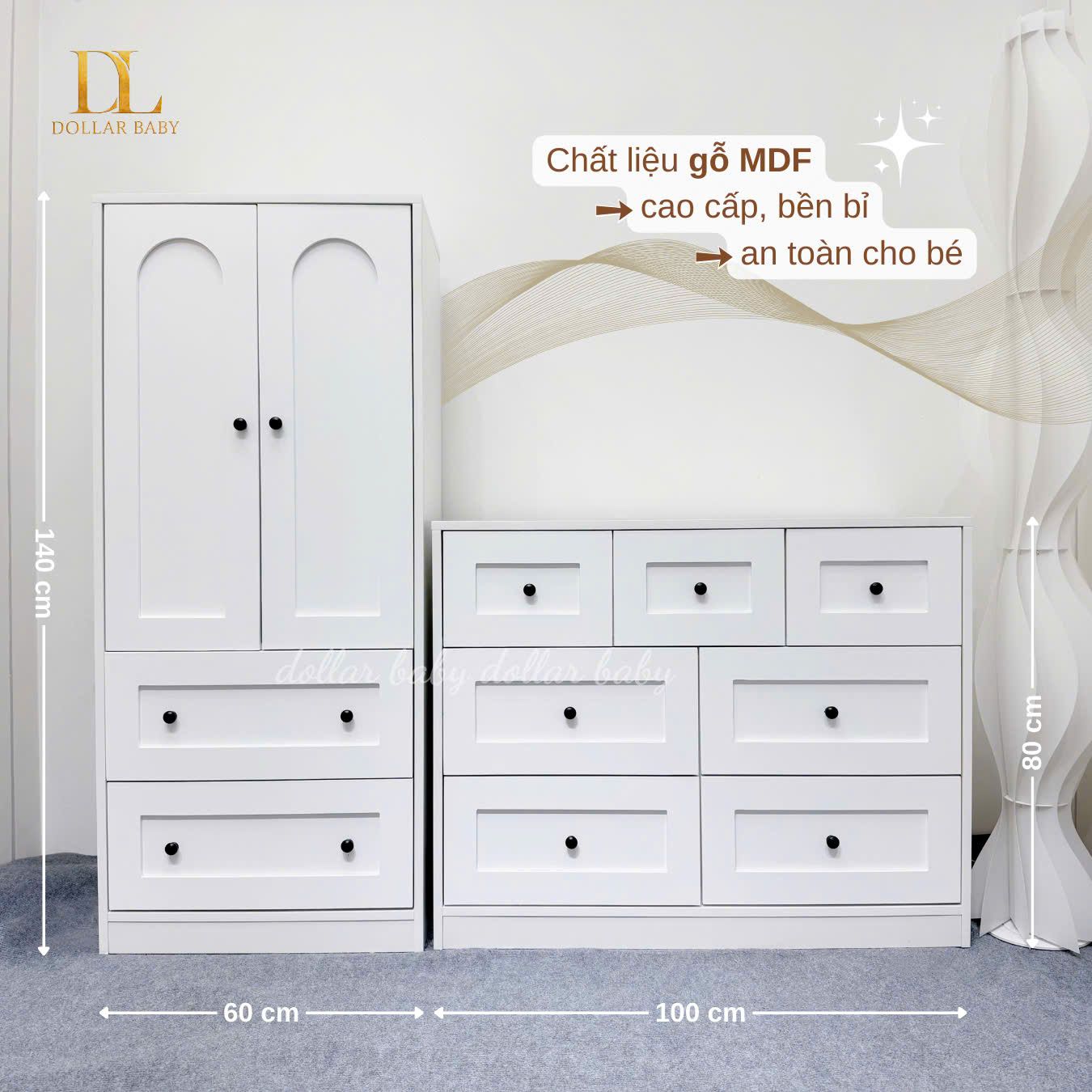  Bộ Tủ Gỗ Trắng Núm Tròn Đen Không Chân ( Tủ đứng 2 hộc ) 