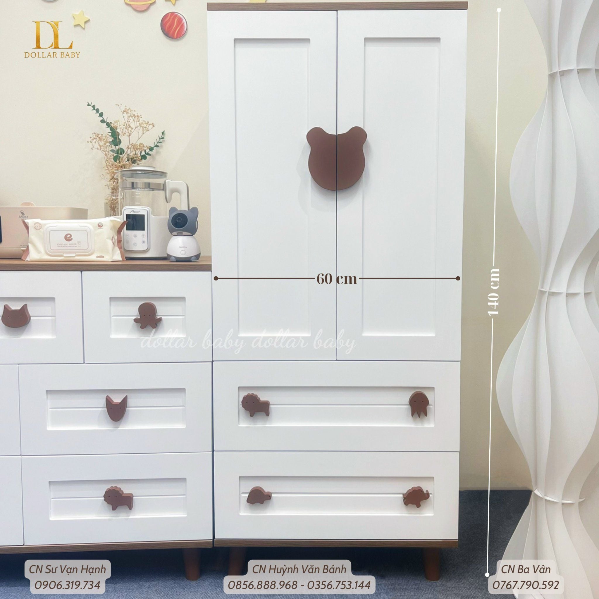  Bộ Tủ Gỗ Trắng Gấu Nâu / Vân  Gỗ  - Tay Cầm Hình Thú 