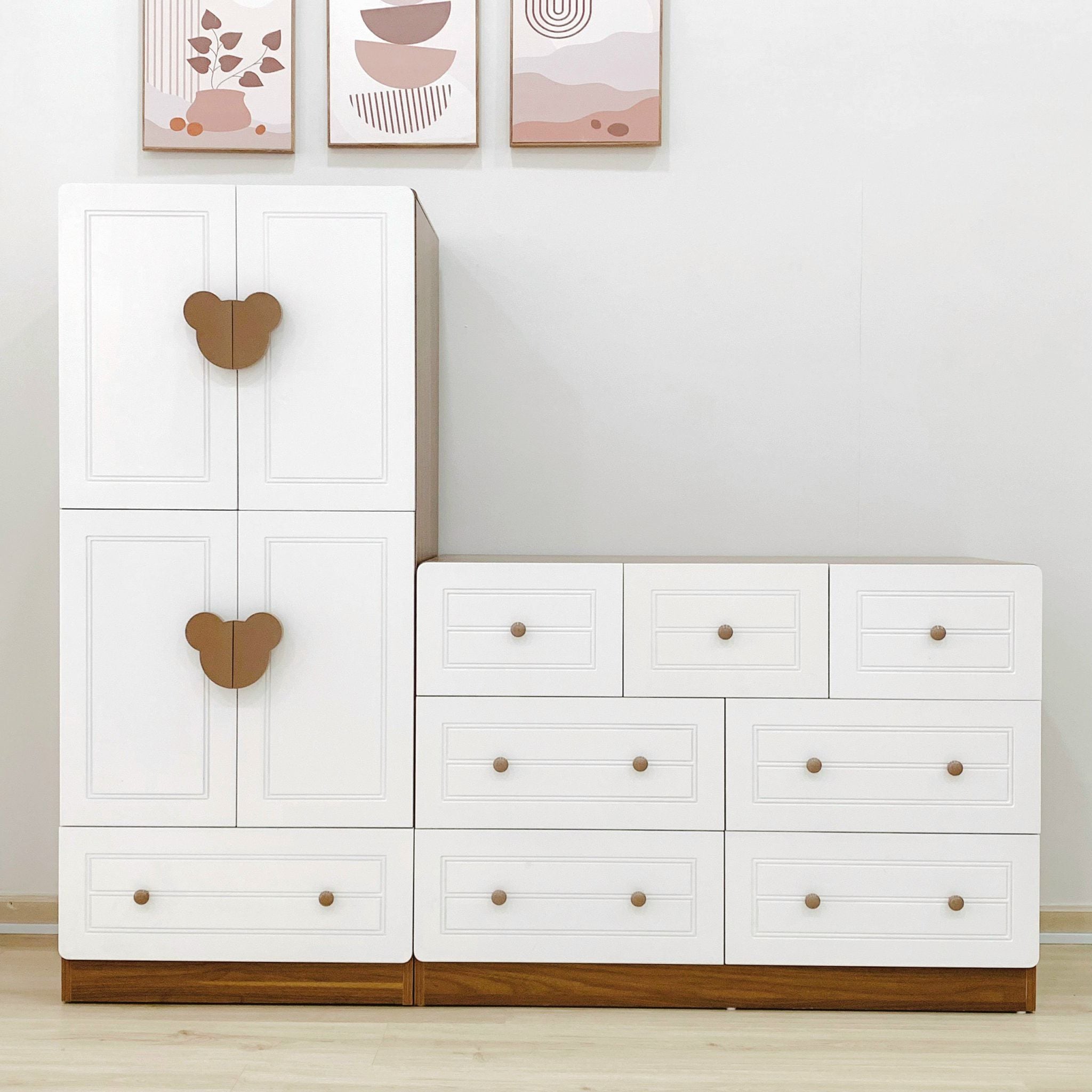  Bộ Tủ Gỗ Trắng Gấu Nâu Treo Đồ 2 Tầng ( MDF Lõi Xanh ) 