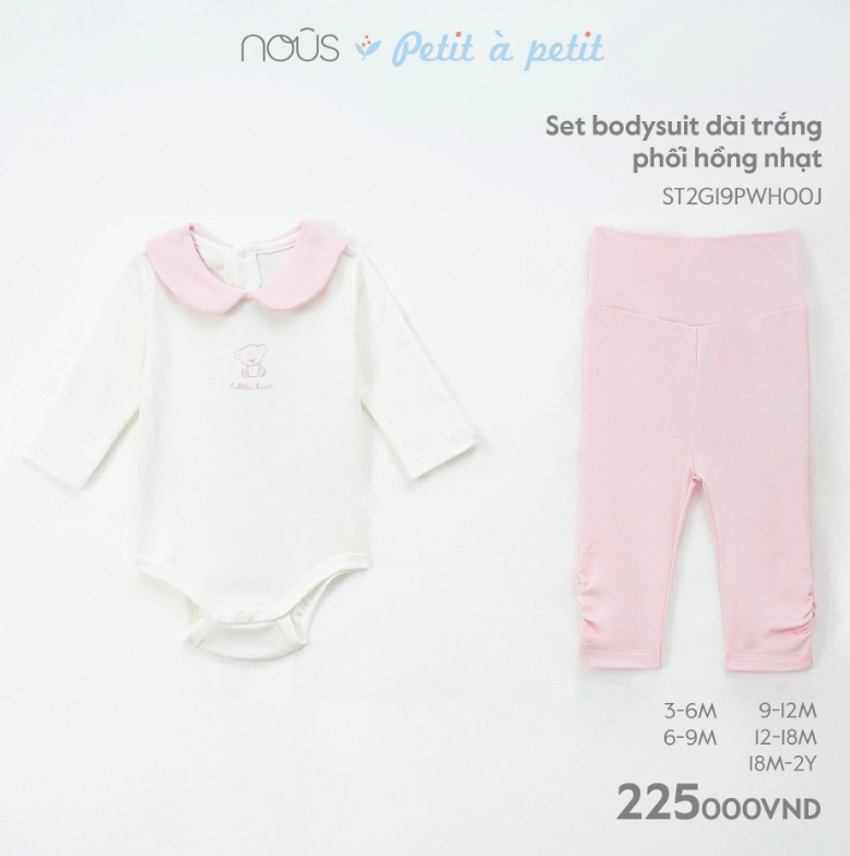  NOUS  - Set BodySuit Dài Trắng Phối Hồng Nhạt 