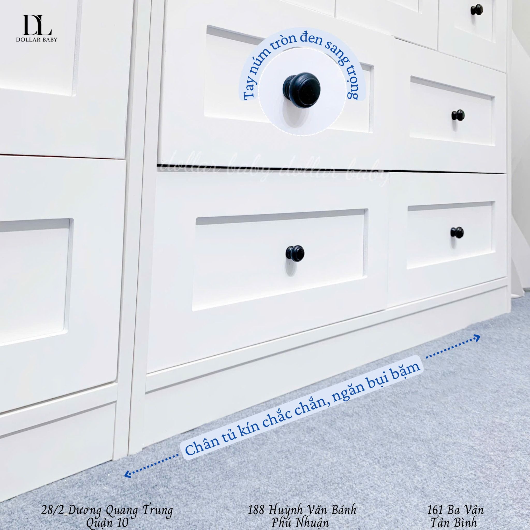  Bộ Tủ Gỗ Trắng Núm Tròn Đen Không Chân ( Tủ đứng 1 hộc ) 