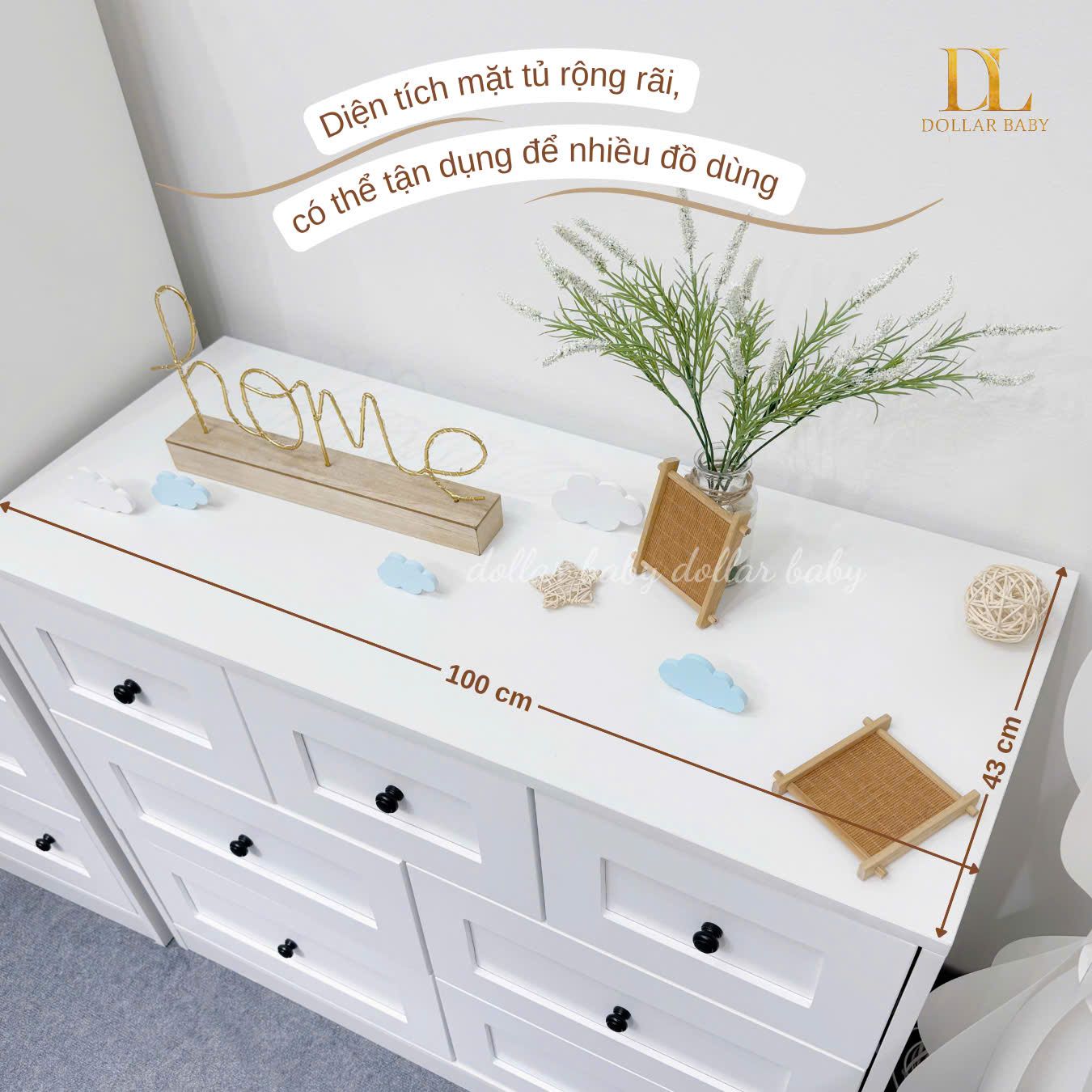  Bộ Tủ Gỗ Trắng Núm Tròn Đen Không Chân ( Tủ đứng 2 hộc ) 