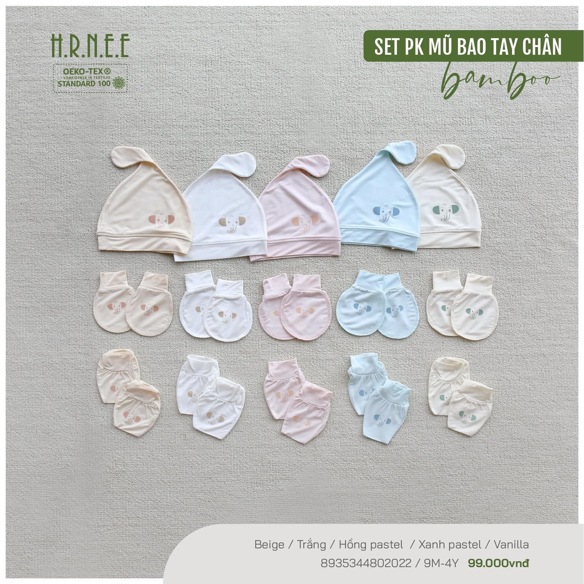  HRNEE - Set PK Mũ Bao Tay Chân Bamboo Chú Voi Con 