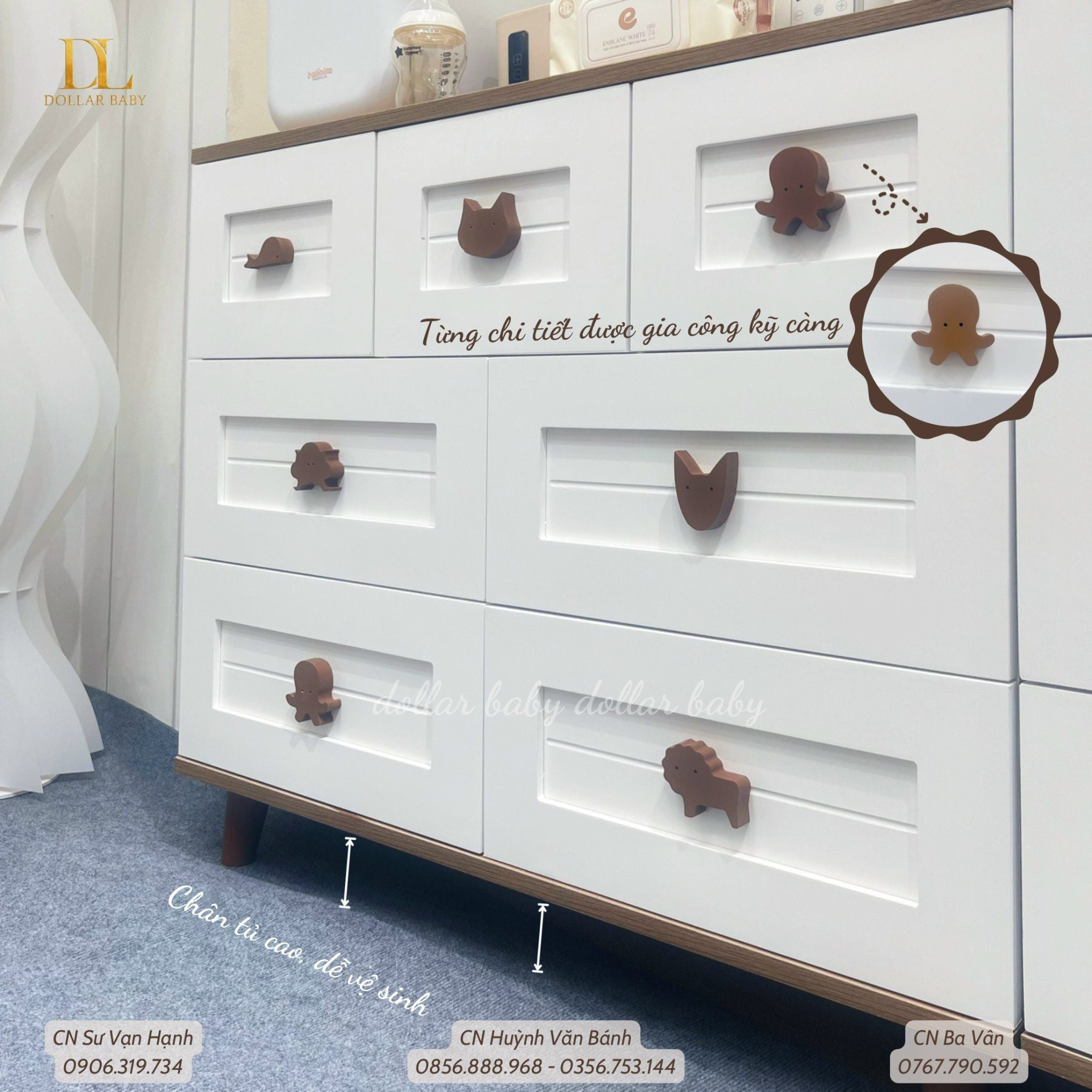  Bộ Tủ Gỗ Trắng Gấu Nâu / Vân  Gỗ  - Tay Cầm Hình Thú 