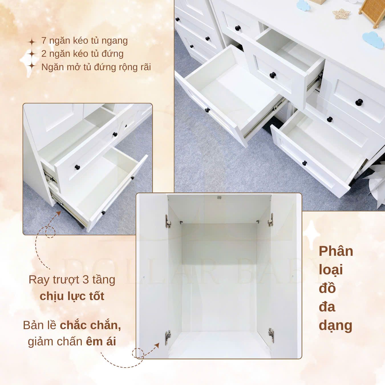  Bộ Tủ Gỗ Trắng Núm Tròn Đen Không Chân ( Tủ đứng 2 hộc ) 