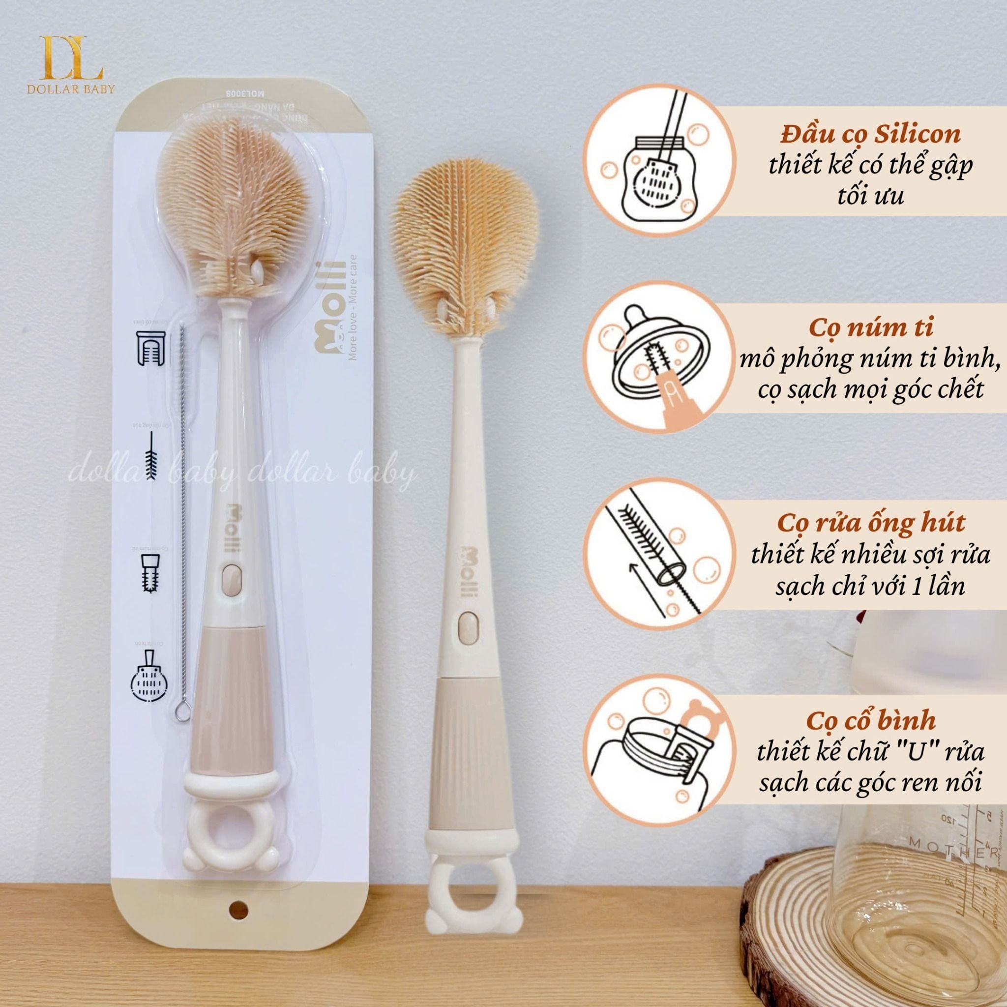  Bộ Cọ rửa Bình Sữa Molli Silicon 4 Chi tiết 
