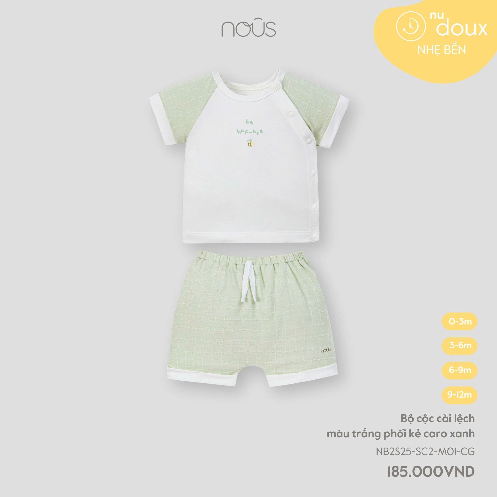  NOUS - Bộ cộc cài lệch màu trắng phối kẻ caro xanh 